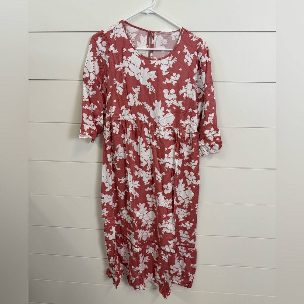 Maternity modest pink and white dress